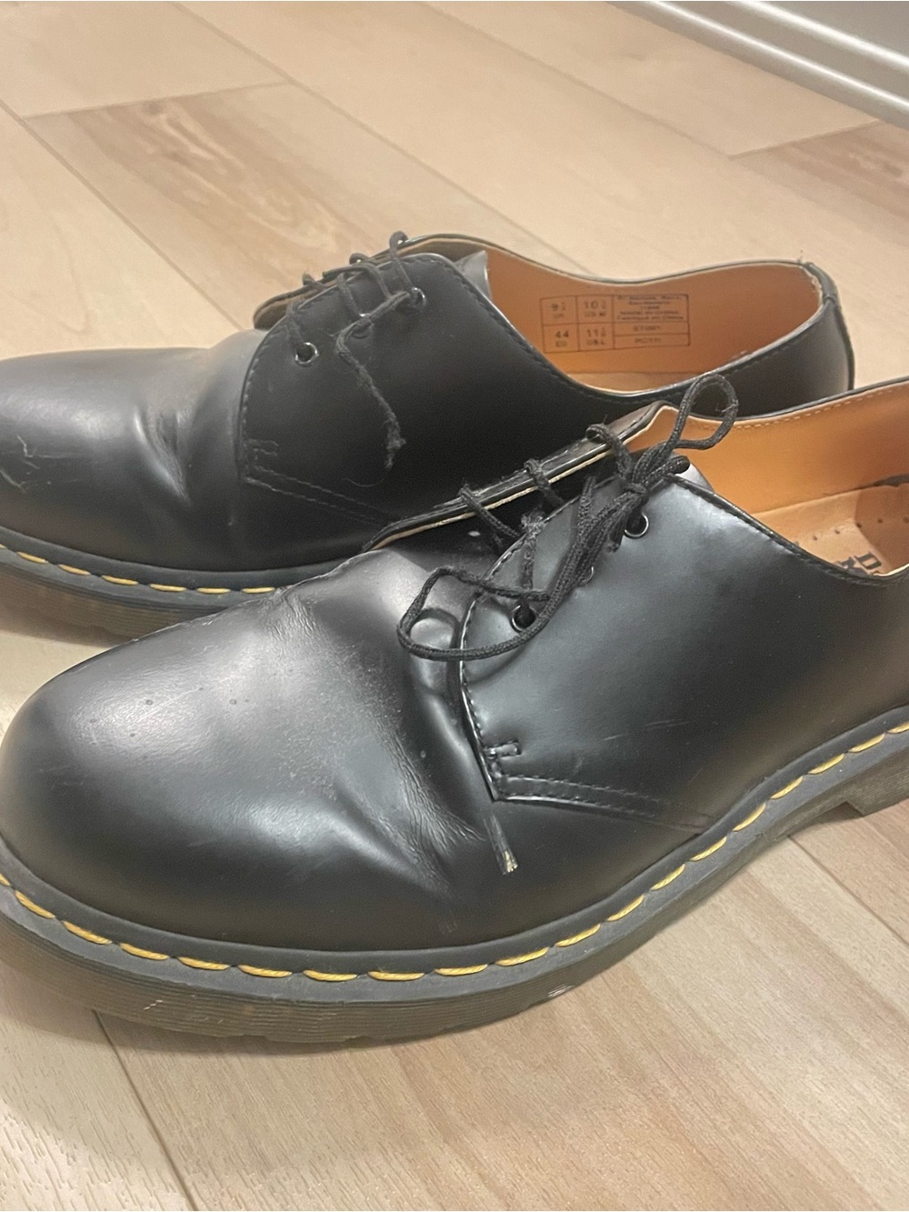Dr. Martens Black Leather Derby Shoes with Yellow Stitching